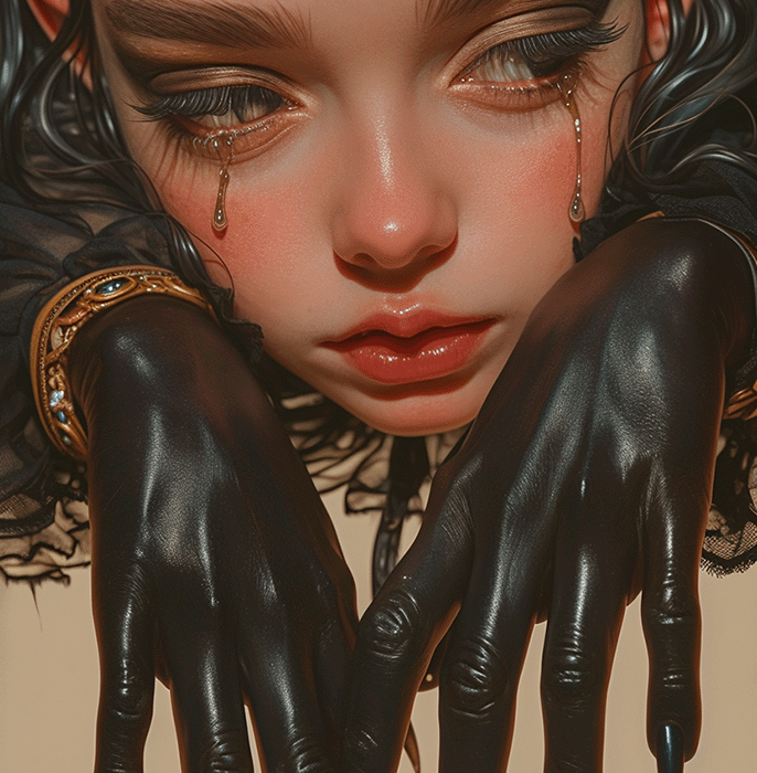 Why embracing AI in art is the future: A stylized portrait of a figure with pale skin, flowing white and black hair, and long, black gloves, reflecting the fusion of creativity and technology.