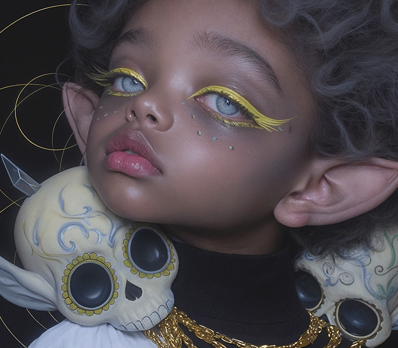Why representation matters in art: Artistic portrait of a young African American boy with dark skin, large eyes, and yellow makeup, wearing a gold chain and skull accessories.