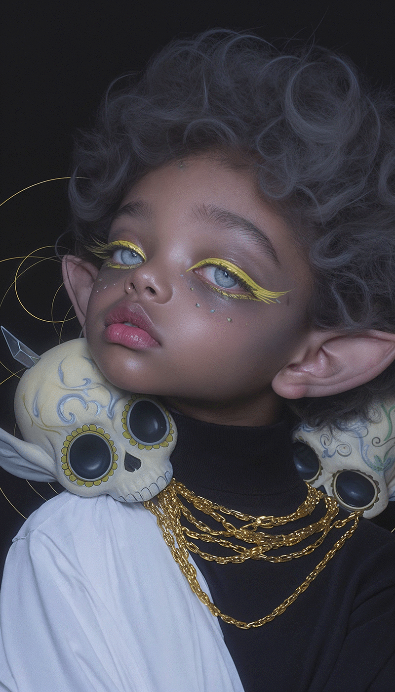 Why representation matters in art: Artistic portrait of a young African American boy with dark skin, large eyes, and yellow makeup, wearing a gold chain and skull accessories.