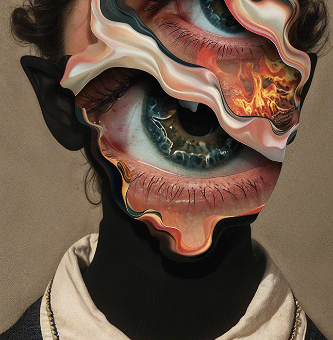 Surreal portrait with layered eyes and abstract details, representing the merging of AI and human creativity in the design industry.