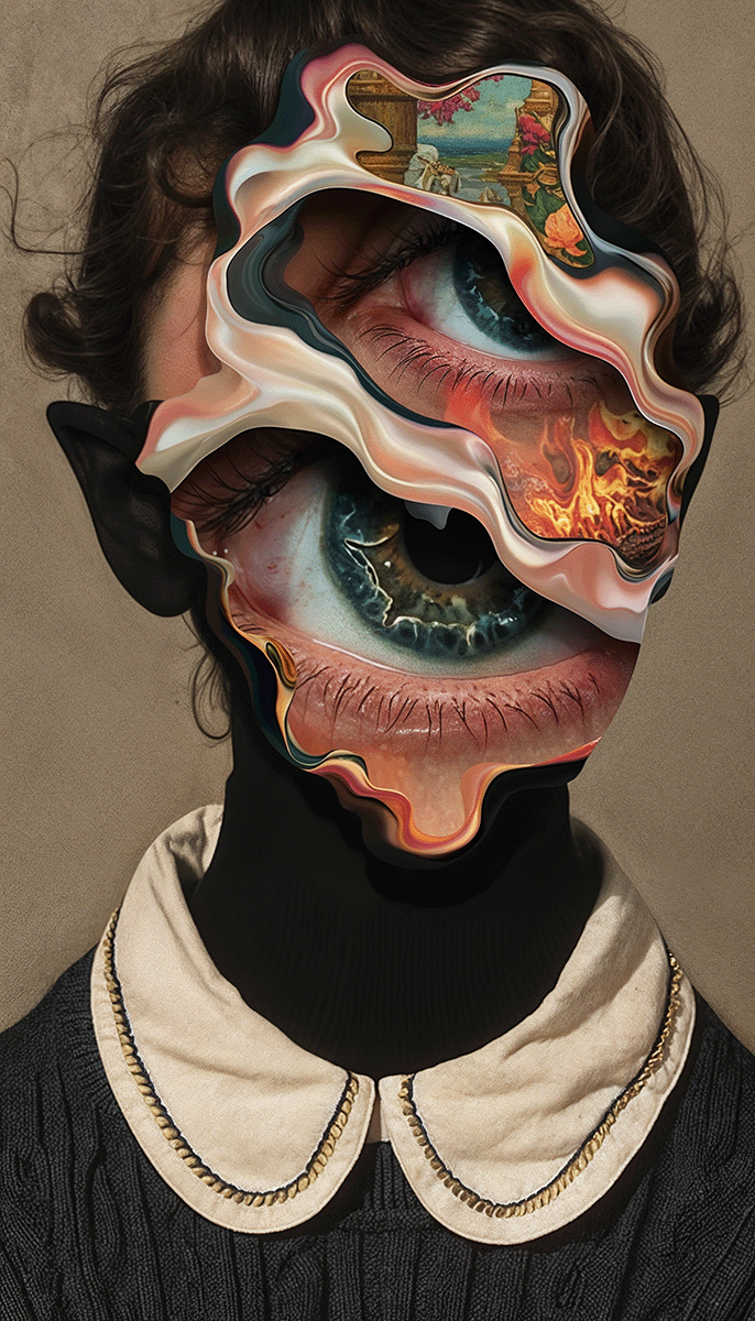 Surreal portrait with layered eyes and abstract details, representing the merging of AI and human creativity in the design industry.