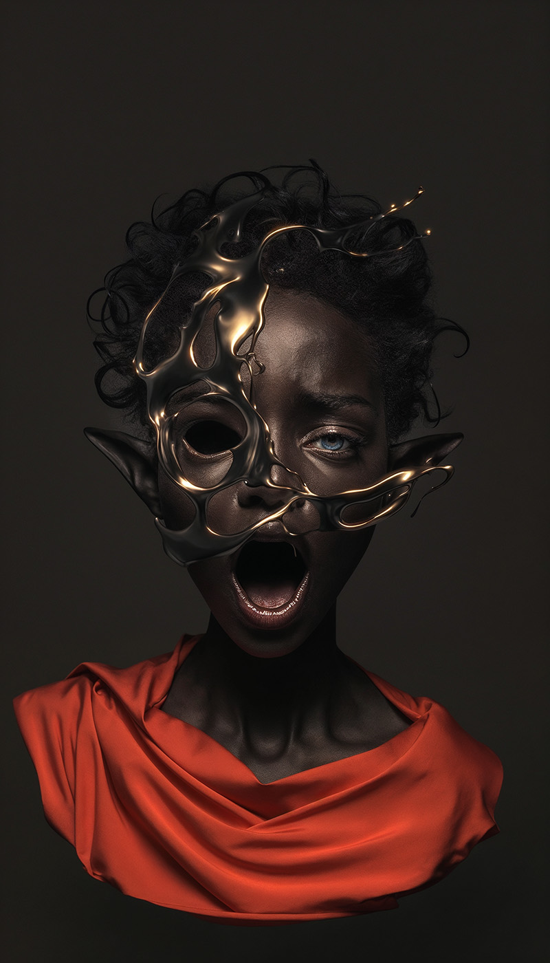 Surreal portrait of a Black woman with gold liquid-like elements on her face, symbolizing resilience and the fight for advocating for girls' futures.