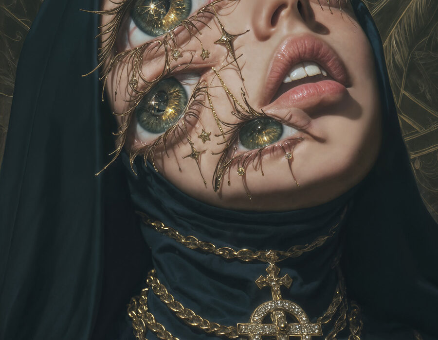 A surreal artwork depicting a nun with multiple gilded eyes adorned with stars, gazing upward. She wears a dark habit with golden chains and a jeweled cross, symbolizing the intersection of art and human rights.