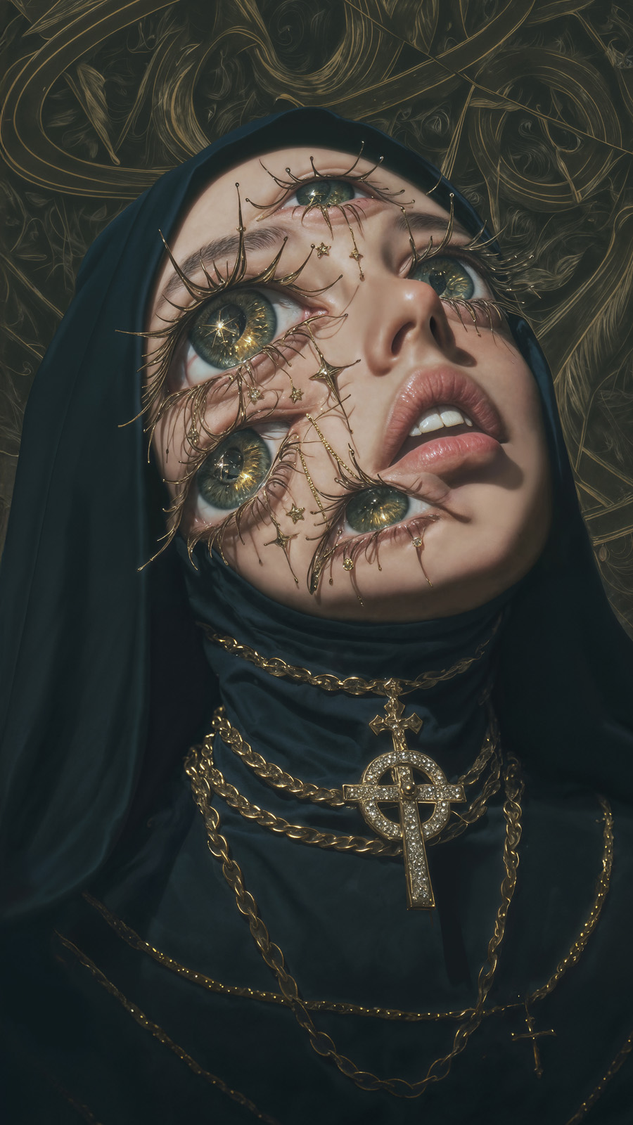 A surreal artwork depicting a nun with multiple gilded eyes adorned with stars, gazing upward. She wears a dark habit with golden chains and a jeweled cross, symbolizing the intersection of art and human rights.