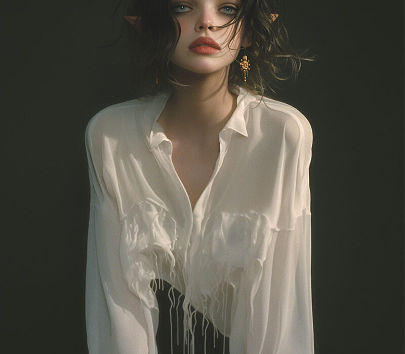 Portrait of a woman in a white blouse floating with no body below her upper body, symbolizing strength and resilience, highlighting the importance of bodily autonomy and reproductive rights.