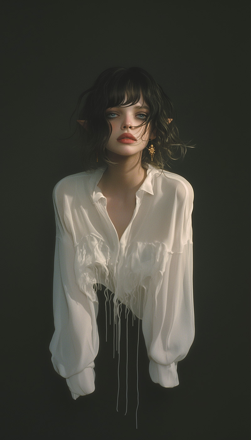 Portrait of a woman in a white blouse floating with no body below her upper body, symbolizing strength and resilience, highlighting the importance of bodily autonomy and reproductive rights.