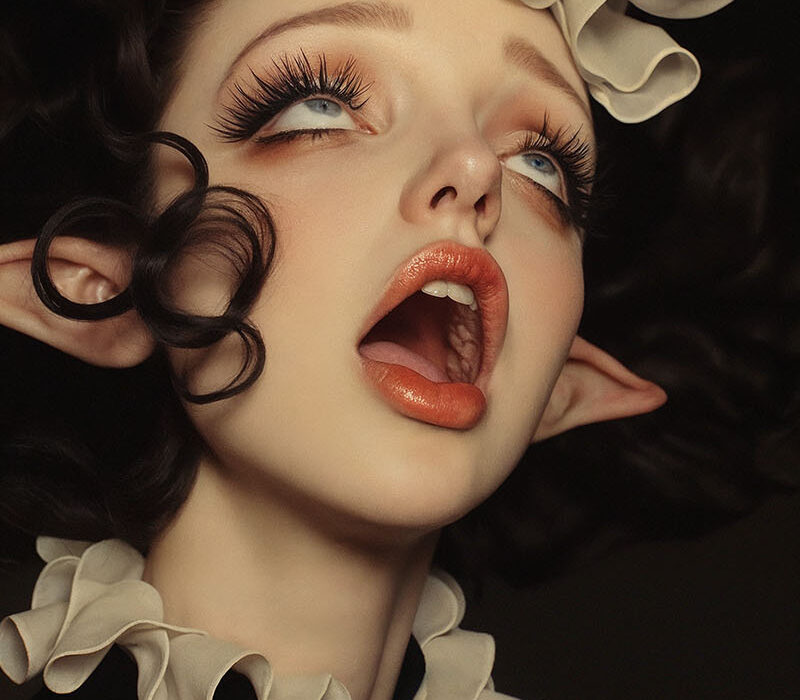 Surreal portrait of a woman with elven features and expressive face, symbolizing the struggle for reproductive rights in America.